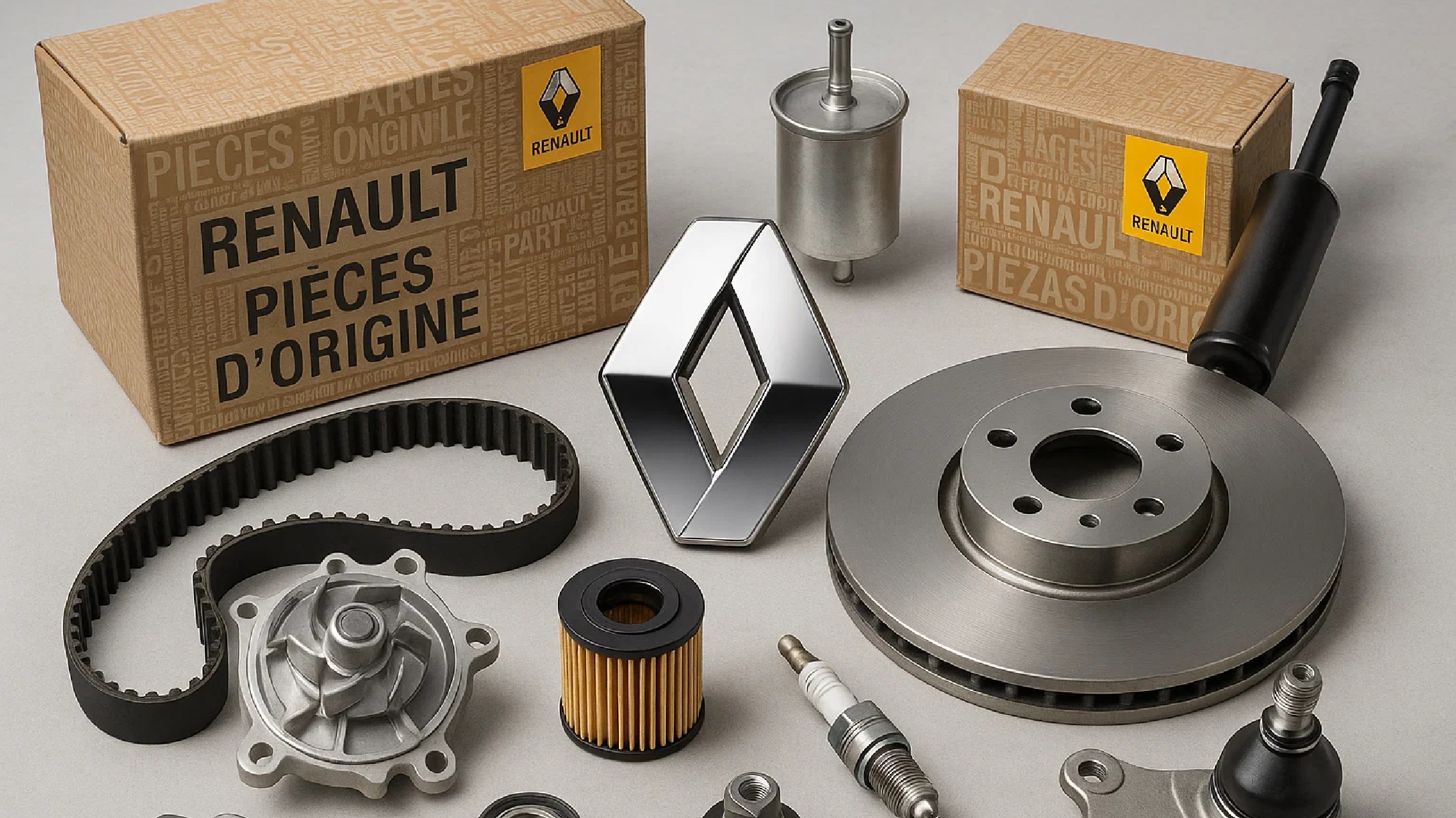 Repuestos originales de Renault dispuestos en una mesa. 